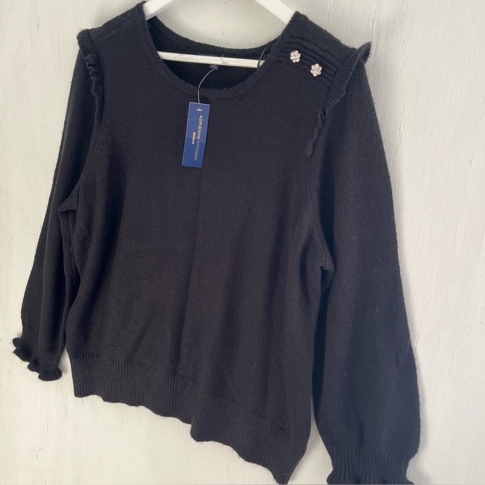 ADRIENNE VITTADINI Black Ruffle Shoulder & Cuff Knit Sweater Rhinestone 3X NWT - Picture 3 of 6